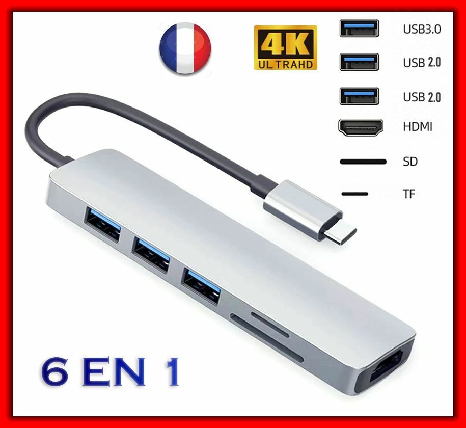 6EN1 HUB USB 3.0 Type C Adaptateur HDMI Lecteur Carte OTG Pour MacBook Pro Air
