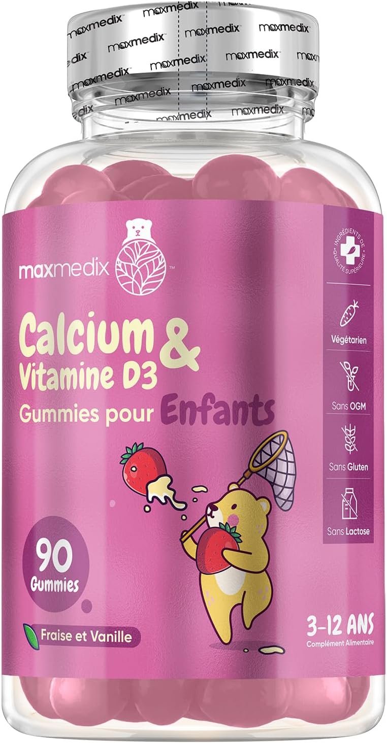 Calcium et Vitamine D Enfant Gummies, 90 Gummies Faibles en Sucre, Vitamine Enfant 3 Ans à 12 Ans à l'Arôme Naturel de Fraise et Vanille, Végétarien, sans Gluten ni Lactose