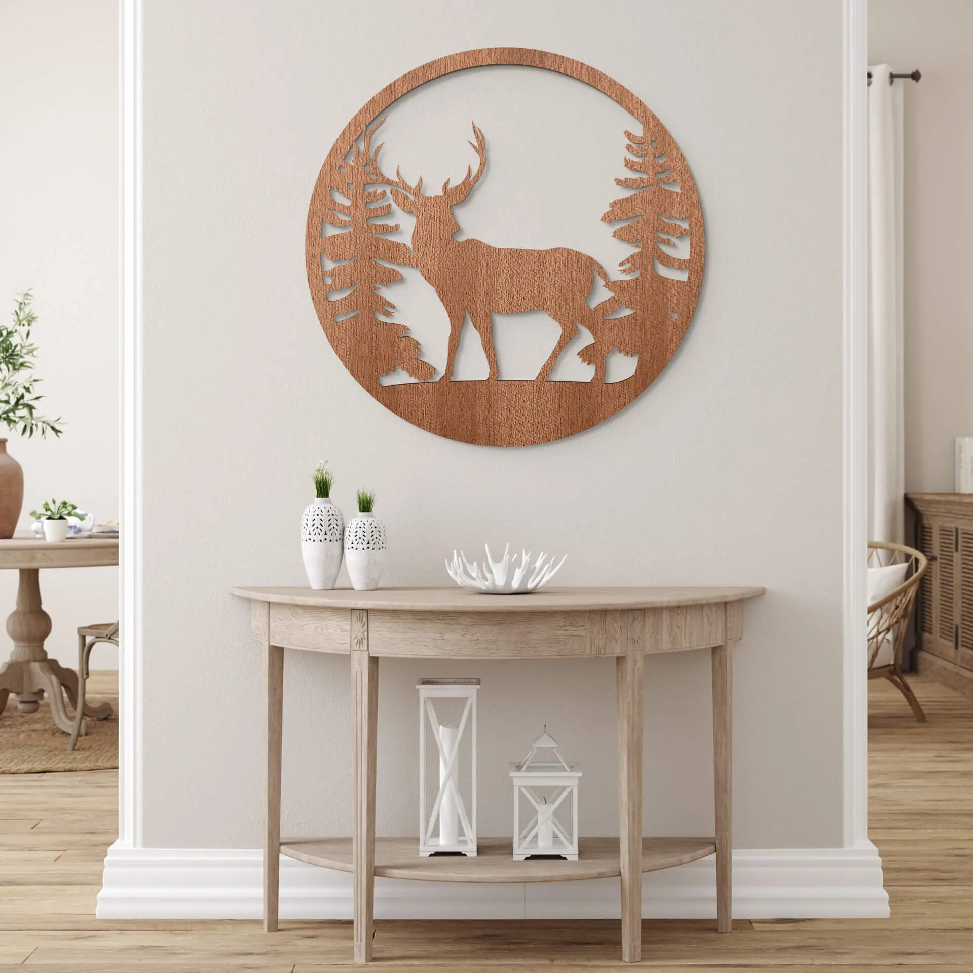 Décoration murale en bois - Placage acajou - Cerf dans la forêt - Ø 40 cm