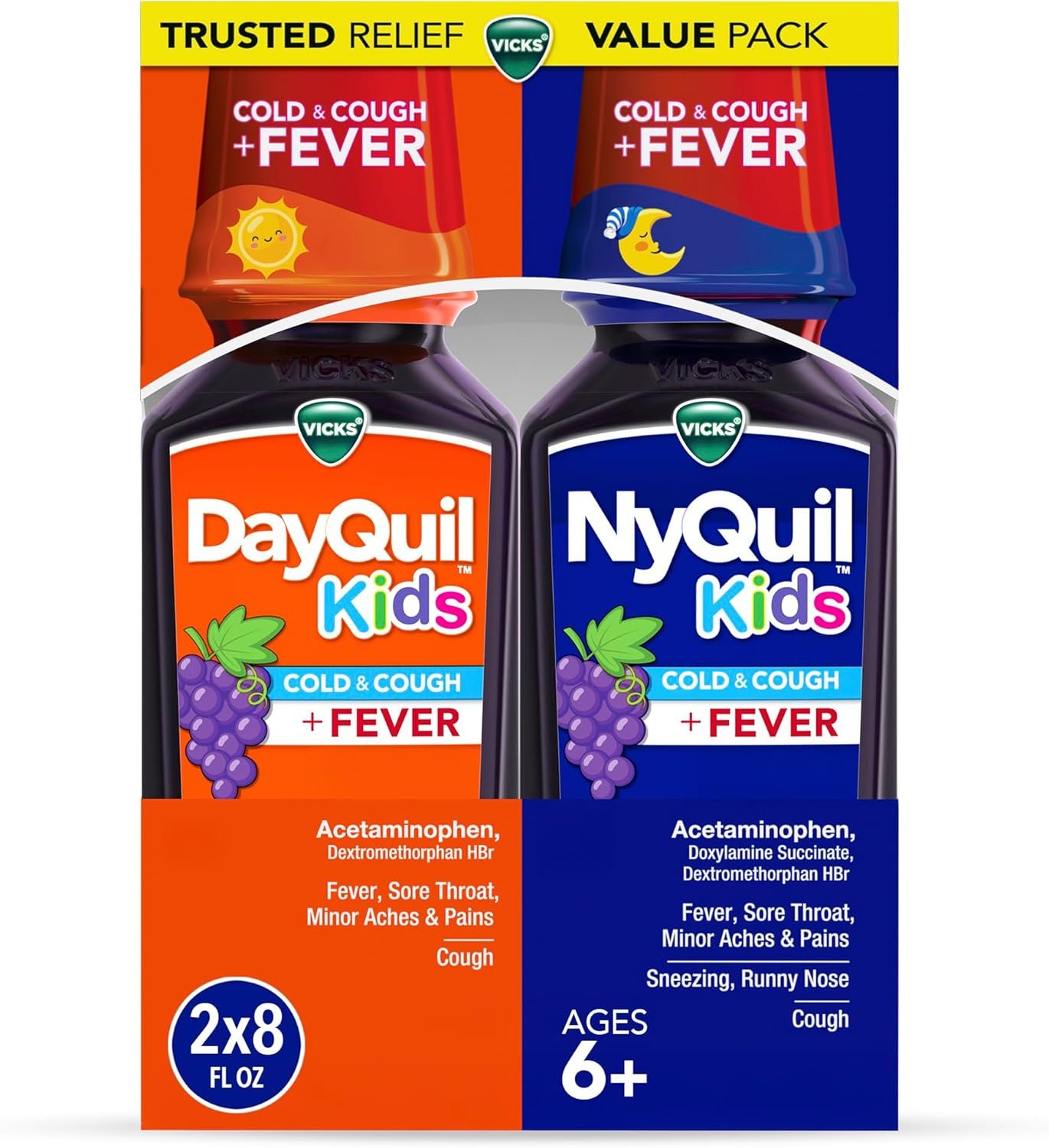 DayQuil & NyQuil Kids Raisin – Pack Jour & Nuit, soulagement multi-symptômes (6 ans+), 2 × 8 oz