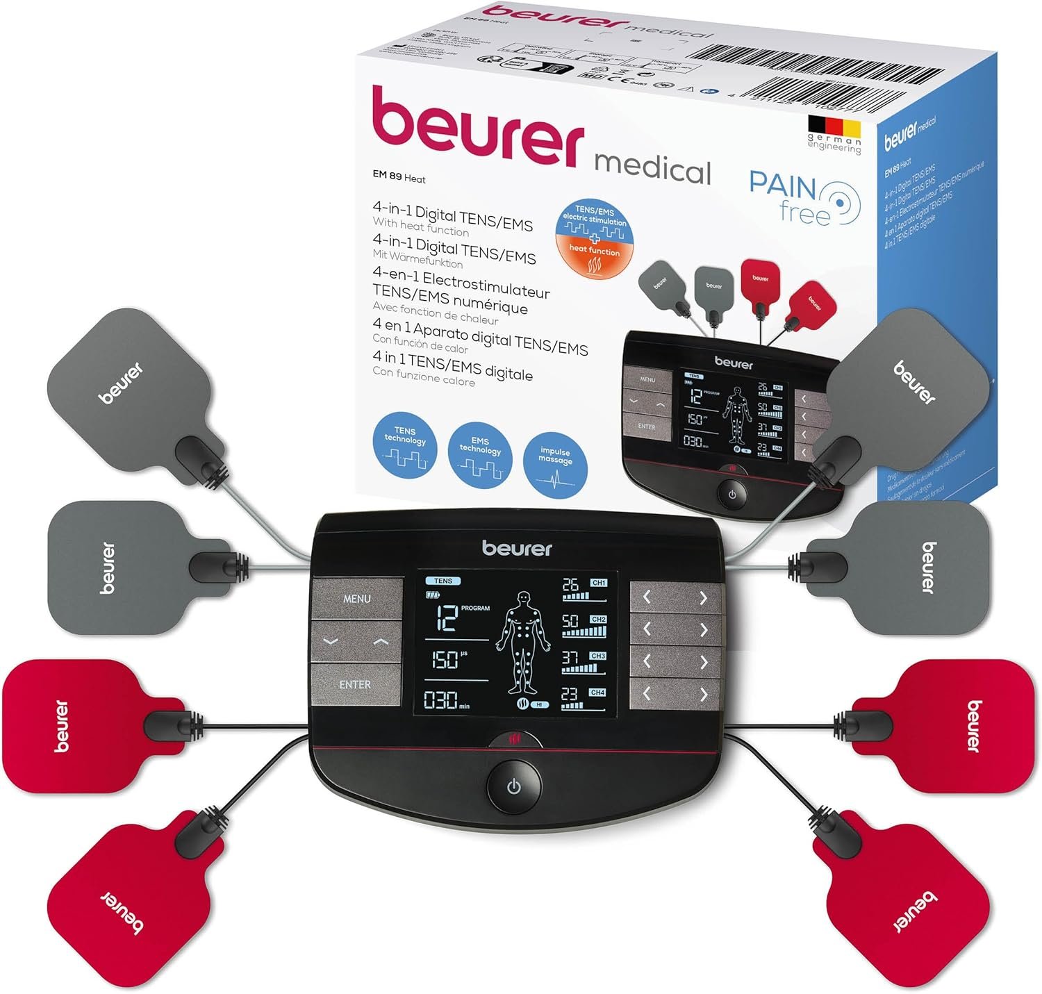 Beurer EM 89 – Électrostimulateur 4 en 1 TENS / EMS avec fonction chauffante, anti-douleur et stimulation musculaire
