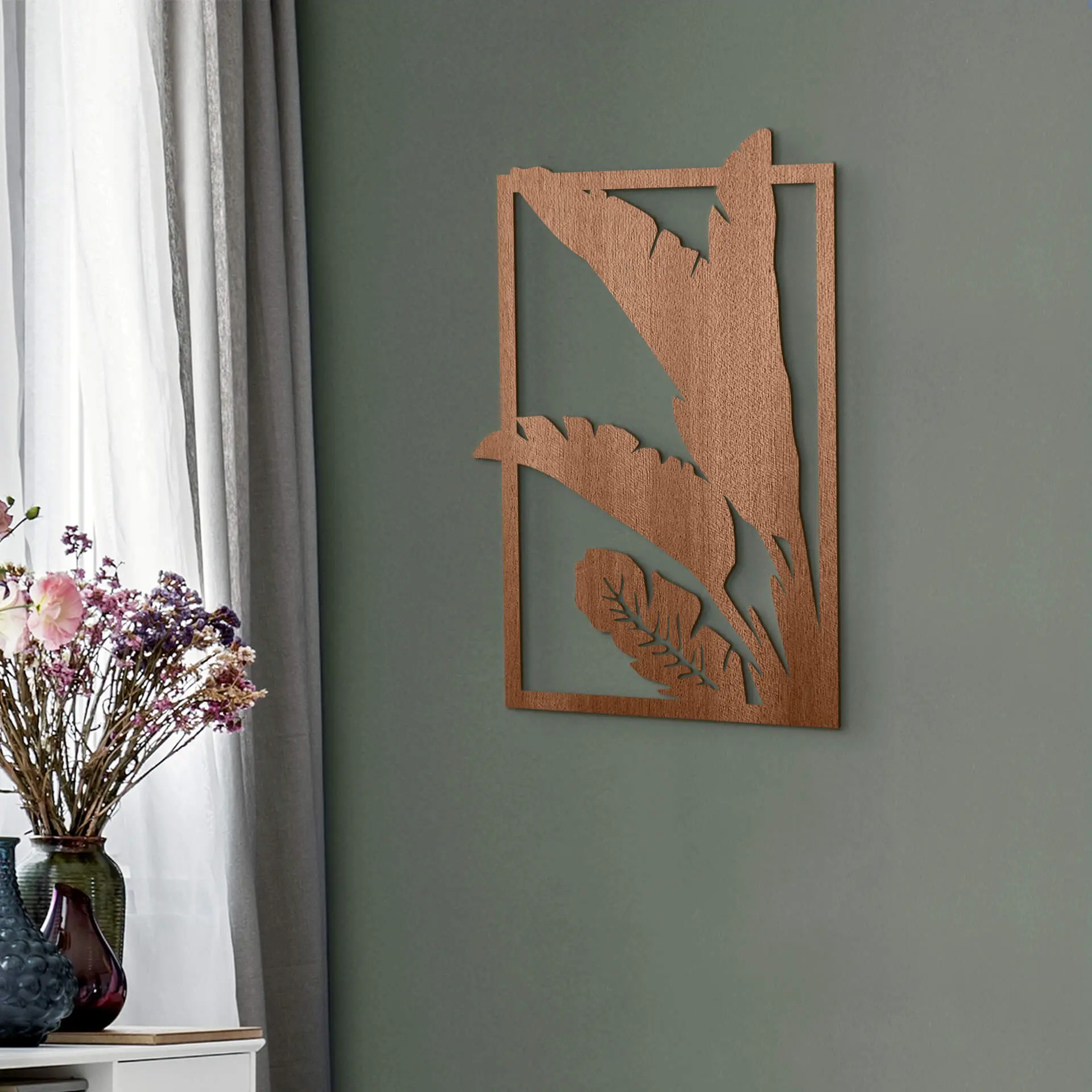 Décoration en bois placage acajou - Feuilles dans un cadre - 20x30 cm