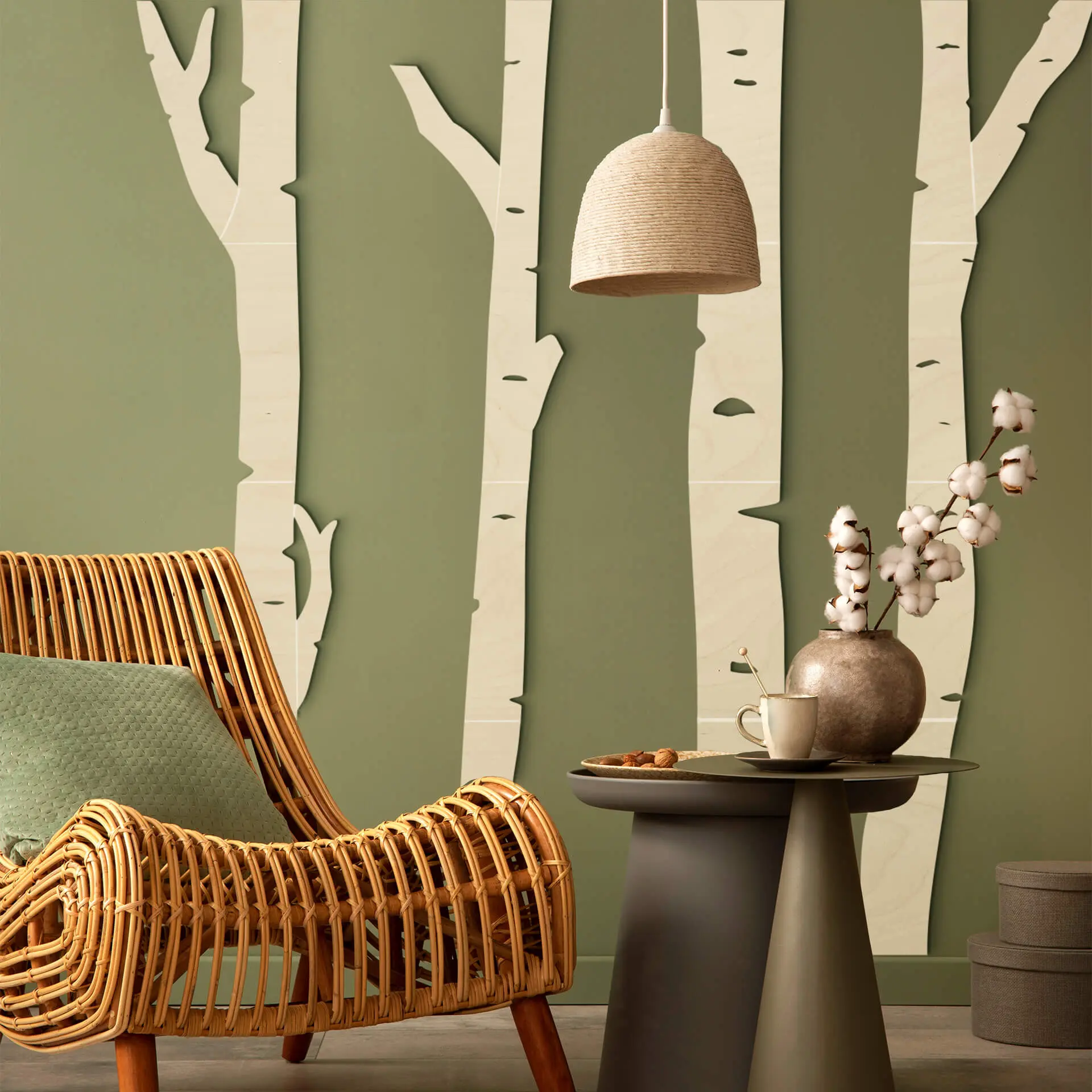 Décoration en bois placage peuplier Arbre Bouleau Forêt (4 pièces) - Hauteur du tronc : 100 cm