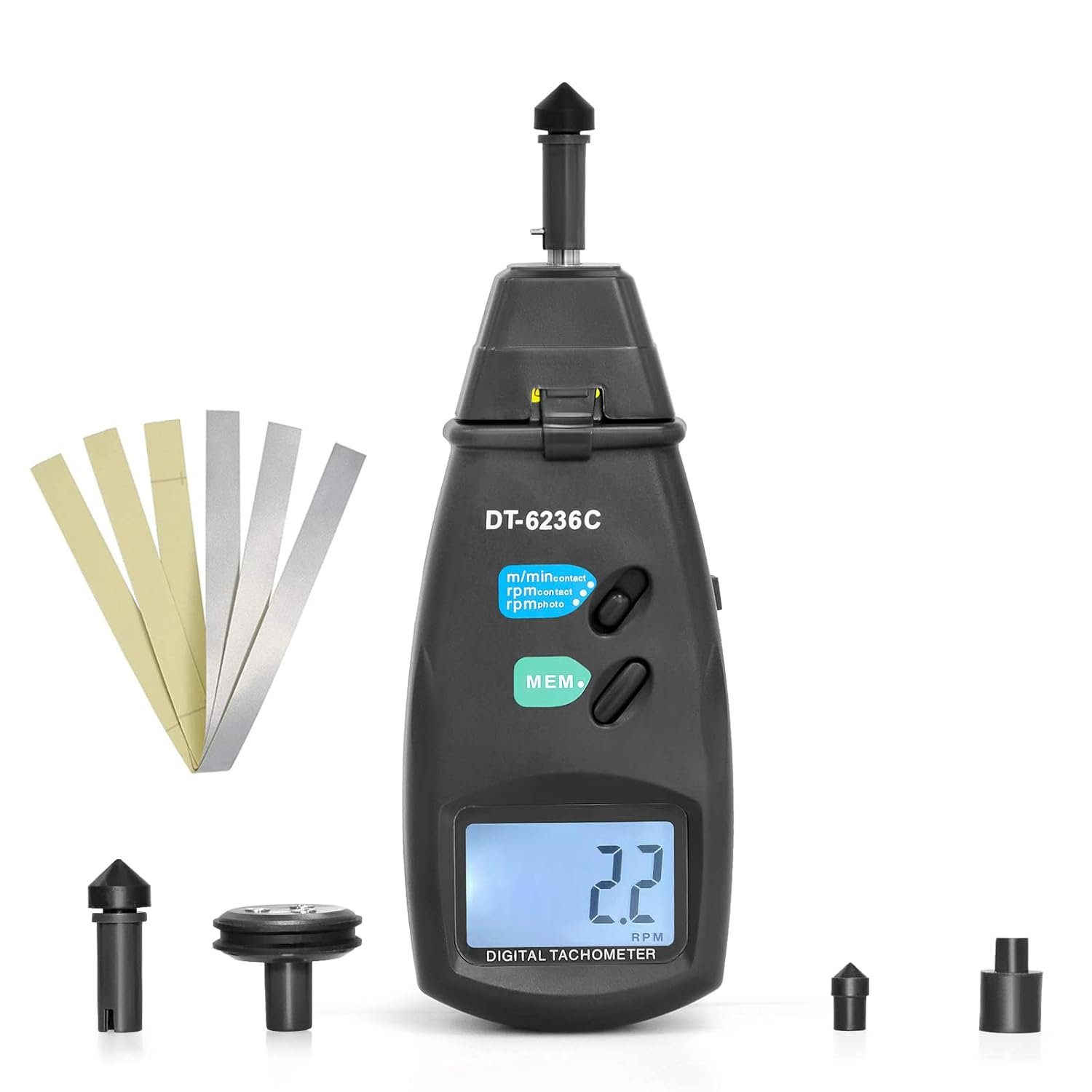 Tachymètre numérique tachymetre photo laser tachymètre de contact GR-6236C avec fonctions de maintien des données Max/Min/AVG Compteur de vitesse de rotation tachymètre photo avec bande réfléchissante