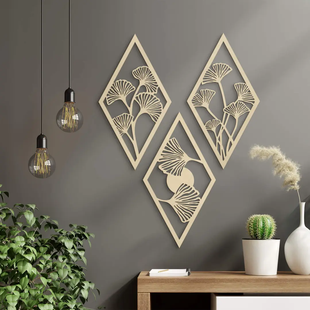 Décoration en bois placage peuplier Ensemble de feuilles de Ginko (3 pièces) - 70x40 cm - chaque 21x40 cm