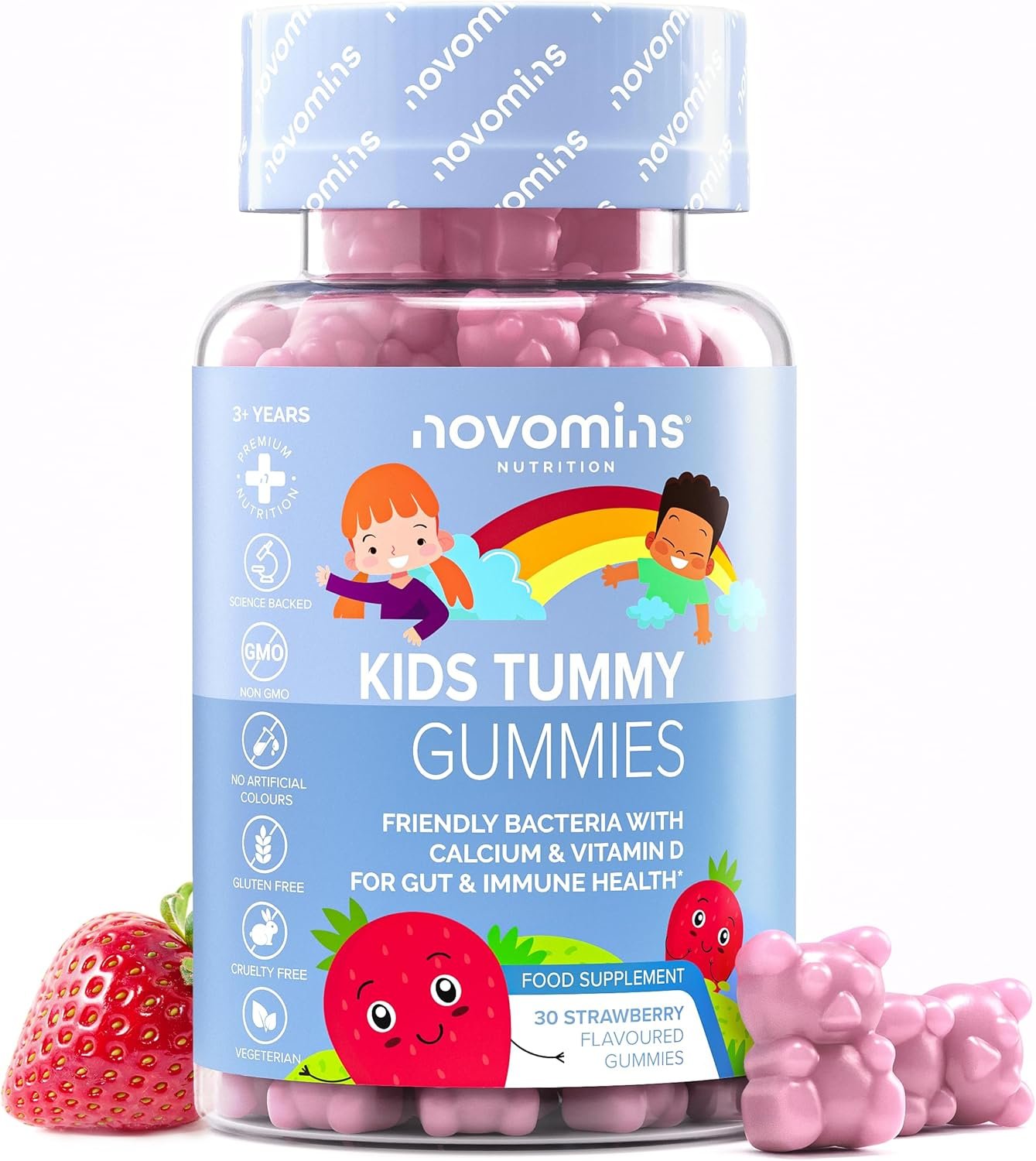 Gommes Probiotiques Enfant – Lactobacillus Paracasei + Vitamine D & Calcium – Digestion & Flore Intestinale – Végétalien, Sans Gluten, Sans Gélatine – 30 Gommes