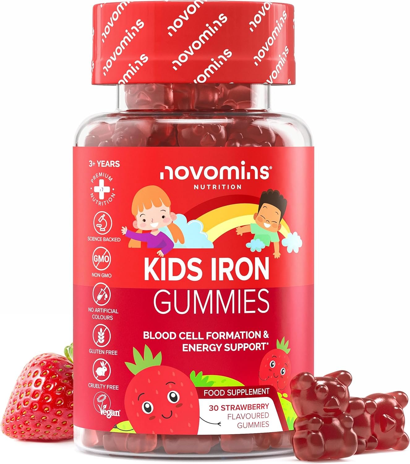 Gummies Fer Enfant – 2,5 mg Fer + Vitamine C 12 mg – Immunité, Croissance, Fatigue – Vegan, Sans Gluten, Sans Gélatine – 30 Gommes Goût Fraise – Complément Mâchable