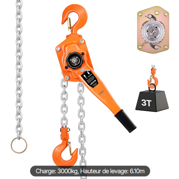 VEVOR HSH-3T-6M – Palan Manuel à Levier 3 Tonnes – Chaîne G80 de 6 m – Crochets Rotatifs 360°
