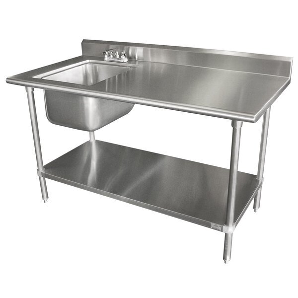 Advance Tabco Table de Travail Professionnelle avec Évier à Gauche – Acier Inoxydable 304 – 152 × 76 cm – Étagère Inférieure et Dosseret – KMS-11B-305L