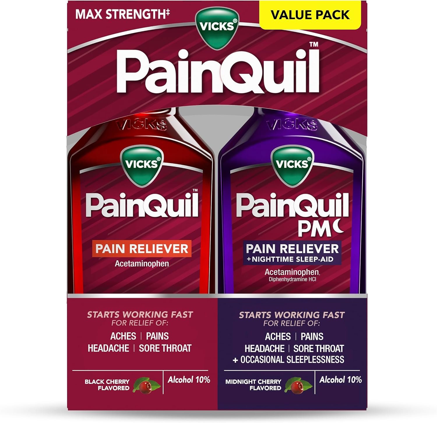 PainQuil & PainQuil PM – Solution liquide pour le soulagement de la douleur, 1 000 mg d’acétaminophène – 2 × 12 oz