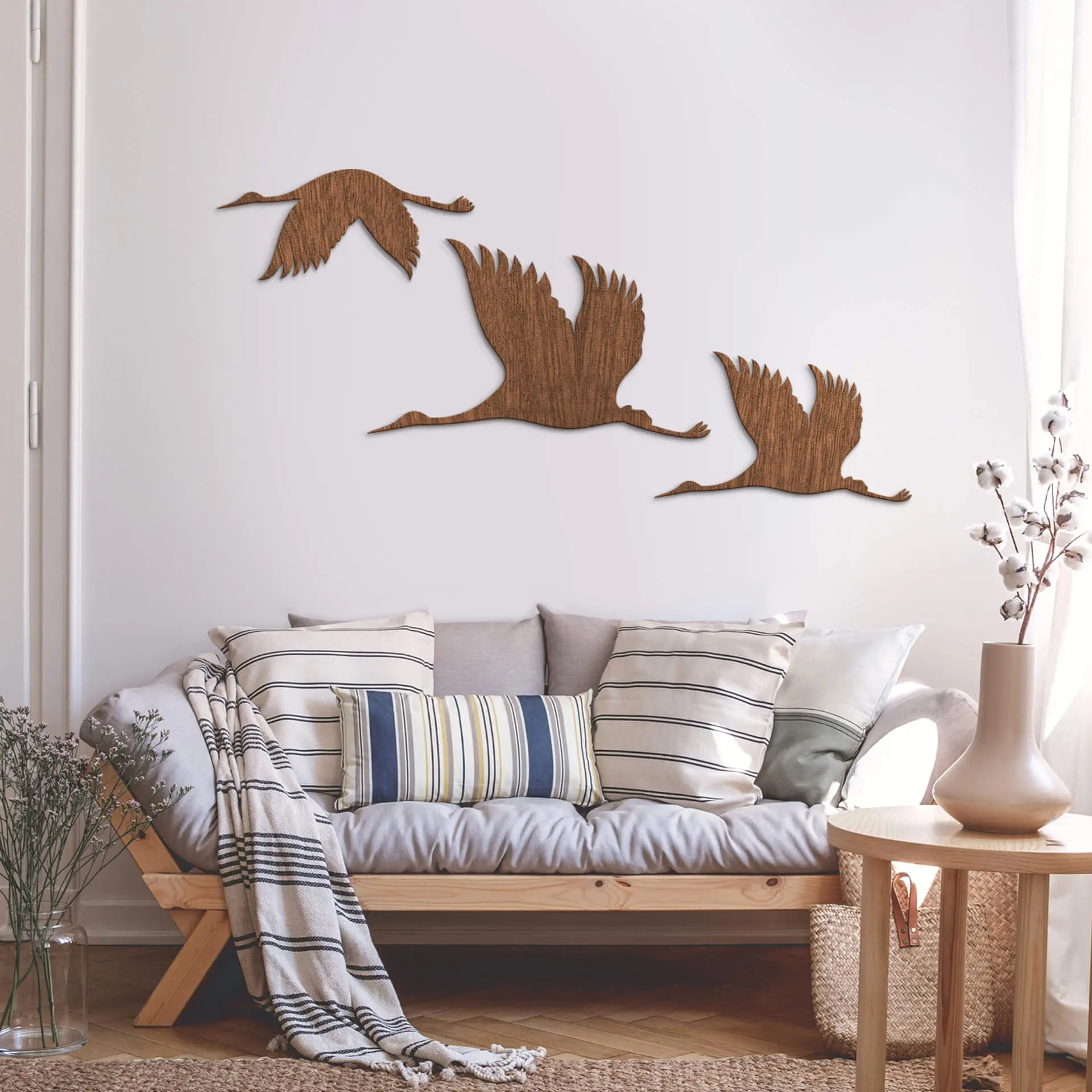 Décoration en bois - Vol de grues 01 - Placage d'acajou - Taille 1 : 30x13 cm + 40x23 cm + 30x17 cm