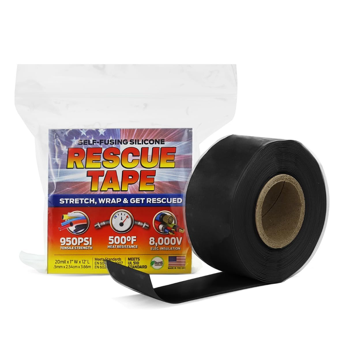 Ruban de réparation auto-fusionnant en silicone noir, 1 po × 12 pi × 20 mil, étanche et résistant à une pression de 950 PSI, idéal pour les réparations d’urgence de plomberie, de tuyaux et l’isolation électrique. Fabriqué aux États-Unis.