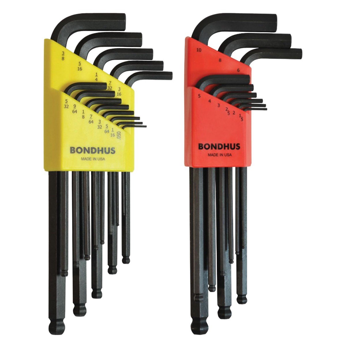Bondhus 20199 – Jeu de clés mâles coudées à embout sphérique, double assortiment métrique (1,5 à 10 mm) et impérial (0,050 à 3/8 pouce), multicolore, lot de 2 jeux.