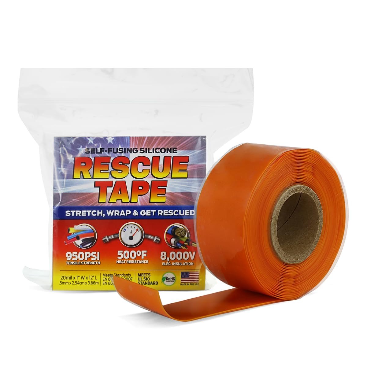 Ruban de sauvetage Bond It, silicone auto-fusible pour la plomberie d'urgence, réparation de tuyaux et tuyaux, isolation électrique, imperméable à l'eau, 950PSI, fabriqué aux États-Unis, 1 ′′ x 12 ′, orange