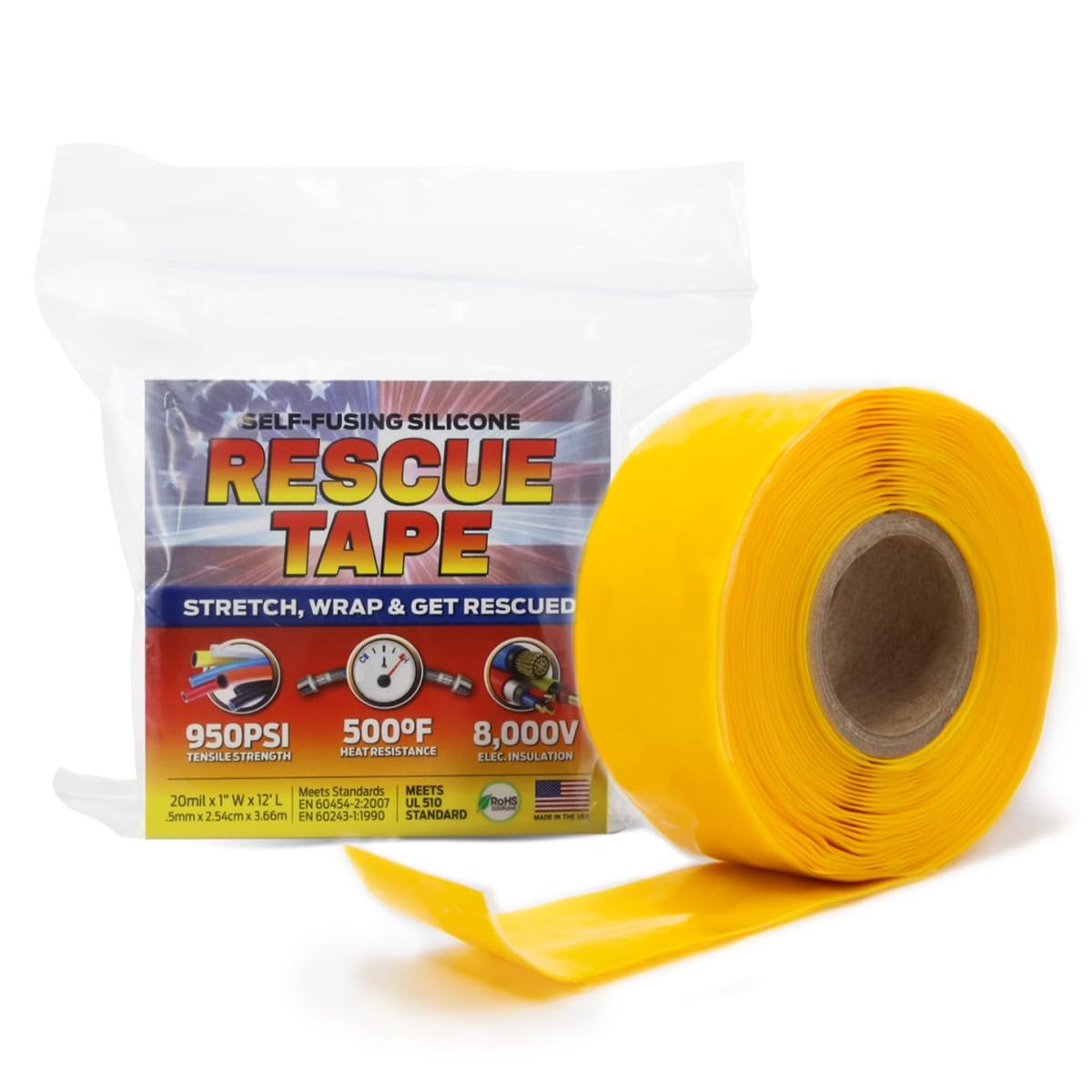 Ruban de sauvetage, silicone auto-fusionneur pour la plomberie d'urgence, réparation de tuyaux et tuyaux, isolation électrique, imperméable à l'eau, 950 PSI, fabriqué aux États-Unis, 1 ′′ x 12 ′, jaune