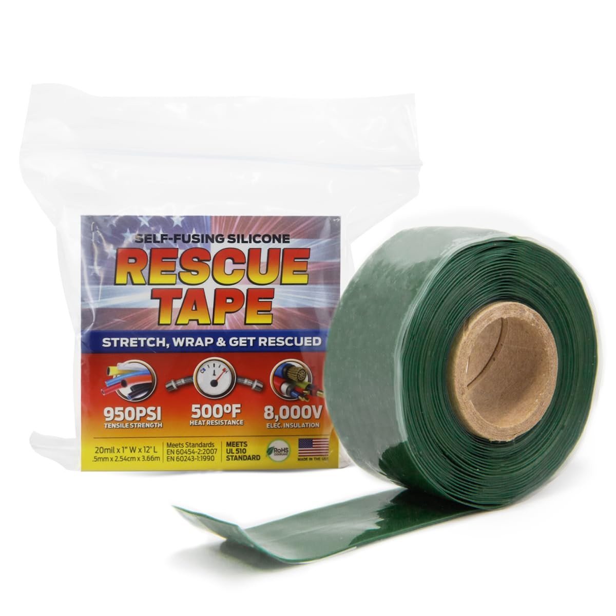 Ruban de réparation auto-fusionnant en silicone vert, 1 po × 12 pi, étanche et résistant à une pression de 950 PSI, idéal pour les réparations d’urgence de plomberie, de tuyaux et pour l’isolation électrique. Fabriqué aux États-Unis.