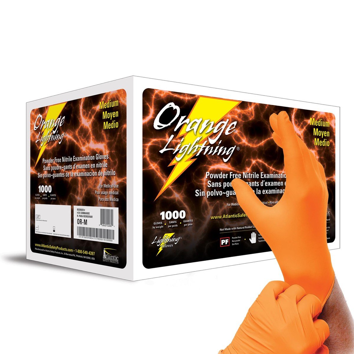 Gants d’examen jetables Atlantic Safety Products Orange Lightning, sans poudre, de couleur orange, taille moyenne, boîte de 1 000 unités.