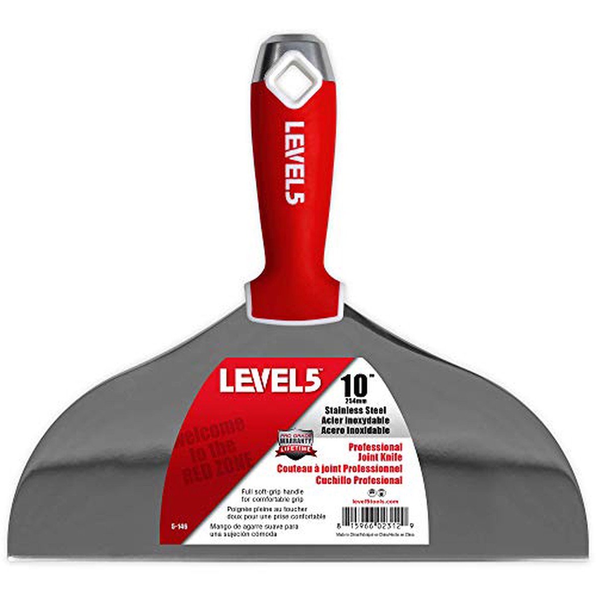 Couteau de joint de cloison sèche en acier inoxydable à poignée douce 10′′ – LEVEL5 | Pro-Grade | Outil à main de finition confortable | Finition en métal | Feuille de papier gris Plâtre Mud | 5-146