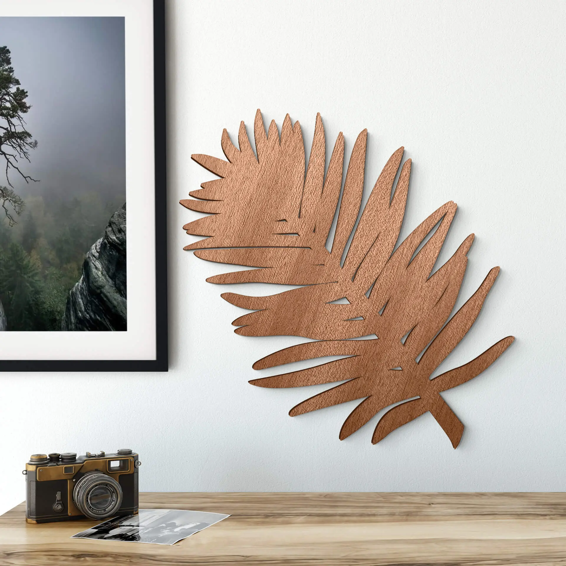 Décoration murale en bois acajou - Feuille de palmier - 20x20 cm