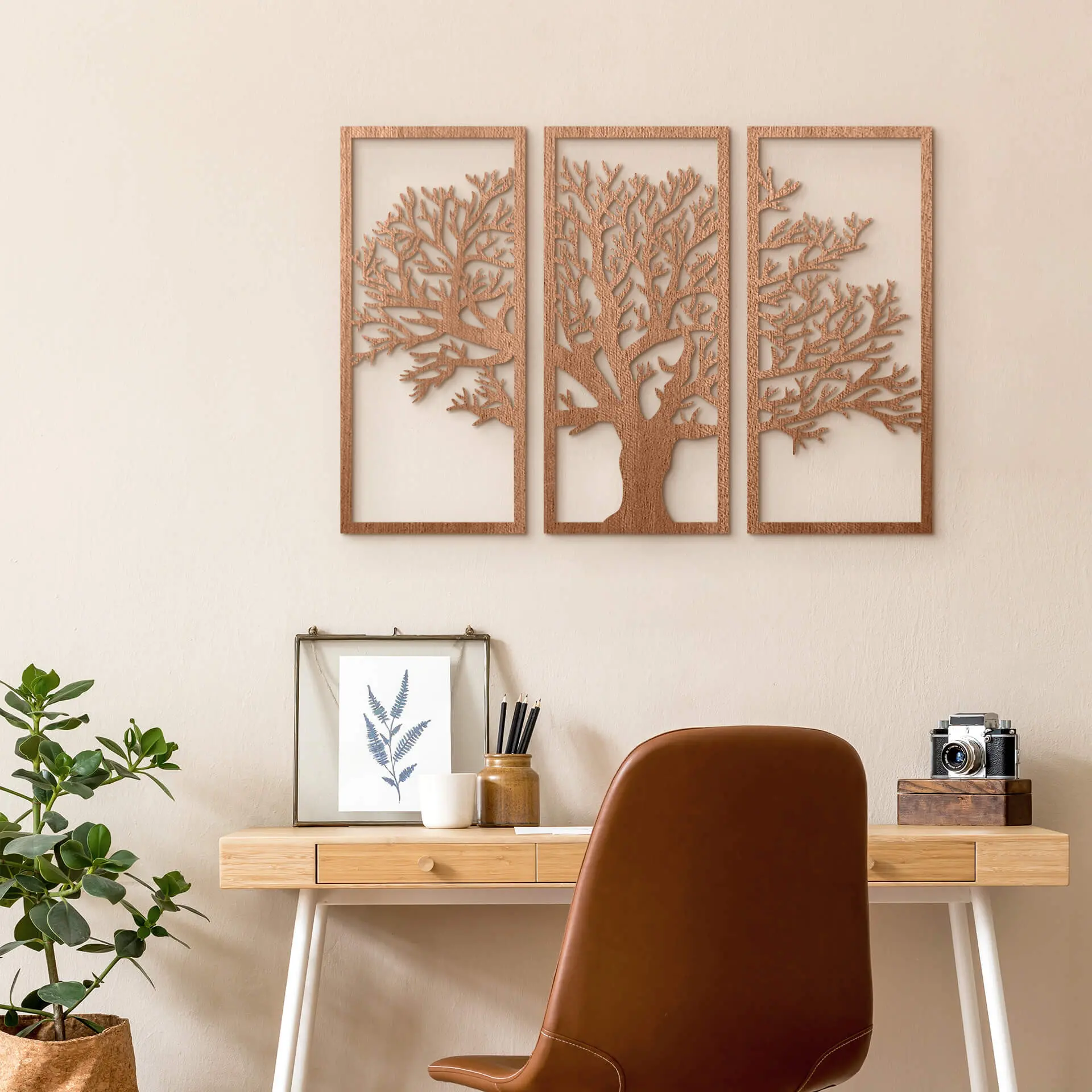 Décoration en bois placage acajou Ensemble d'arbres 3 pièces - 58x40 cm