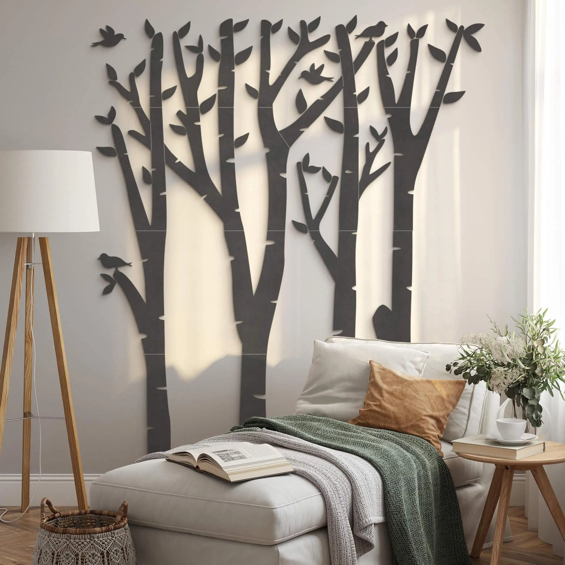 Décoration en bois MDF Bouleau - forêt avec oiseaux - Hauteur du tronc : 140 cm