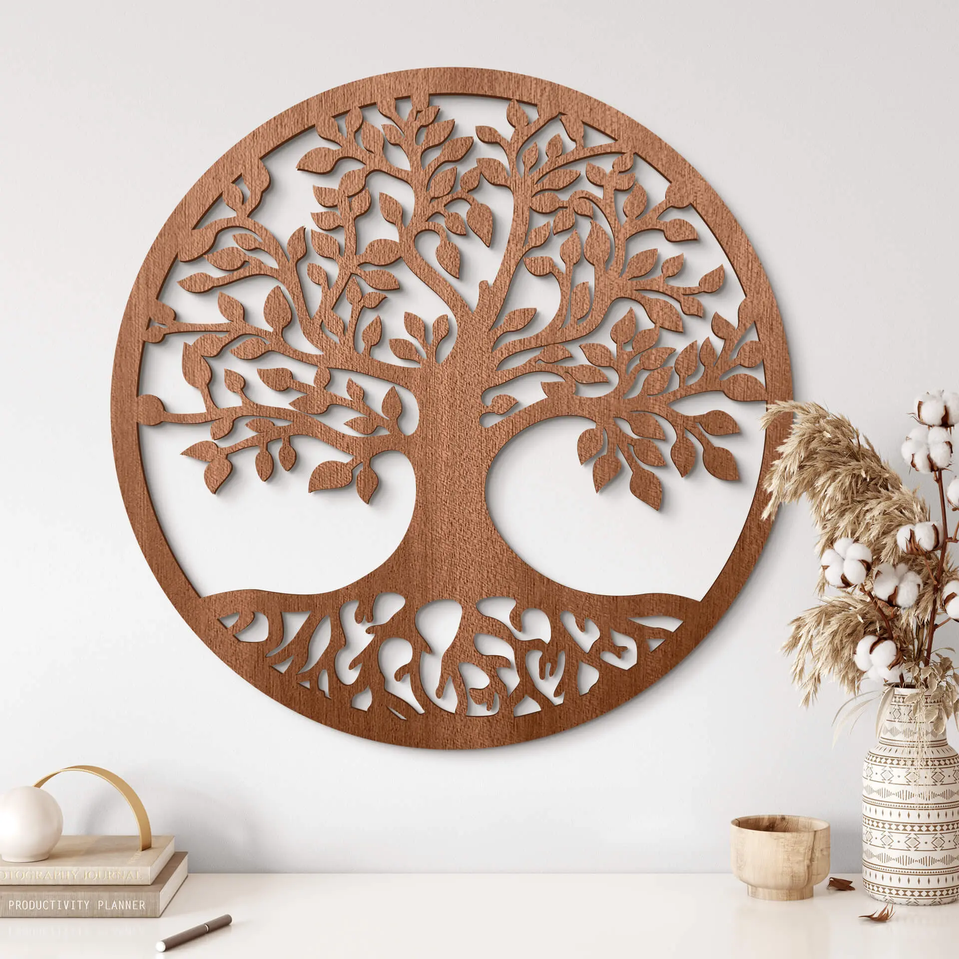Décoration en bois - Arbre avec racines - Placage acajou - Ø 40 cm